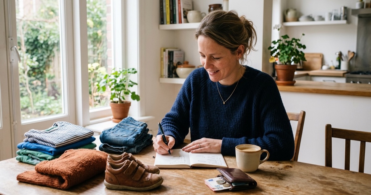 Een ouder zit aan de keukentafel met een notitieboek, kinderkleding en een portemonnee om uitgaven te plannen.