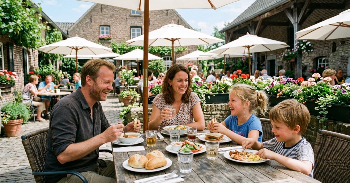 Een Nederlands gezin eet lunch op een gezellig terras van een Brabants dorpsrestaurant met parasols