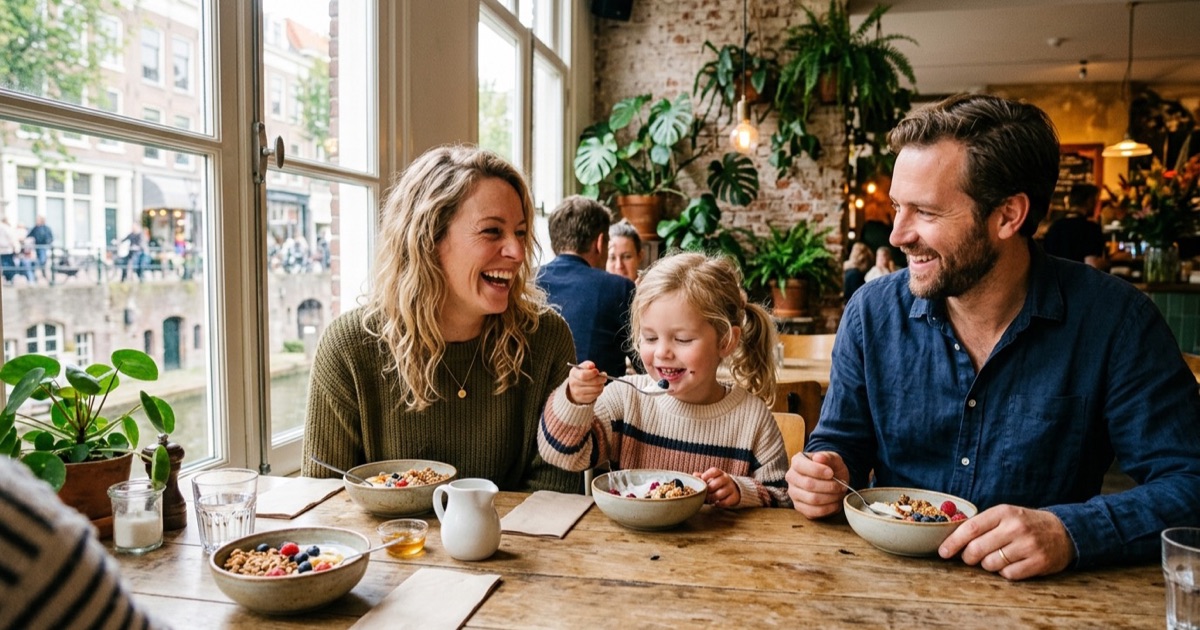 Een Nederlands gezin eet yoghurt-bowls aan een houten tafel in een Utrechts café