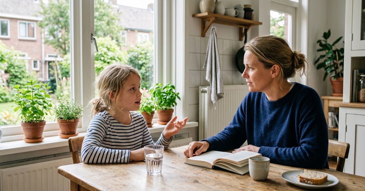 Kind van een jaar of tien praat aan tafel met ouder zonder telefoon in zicht.