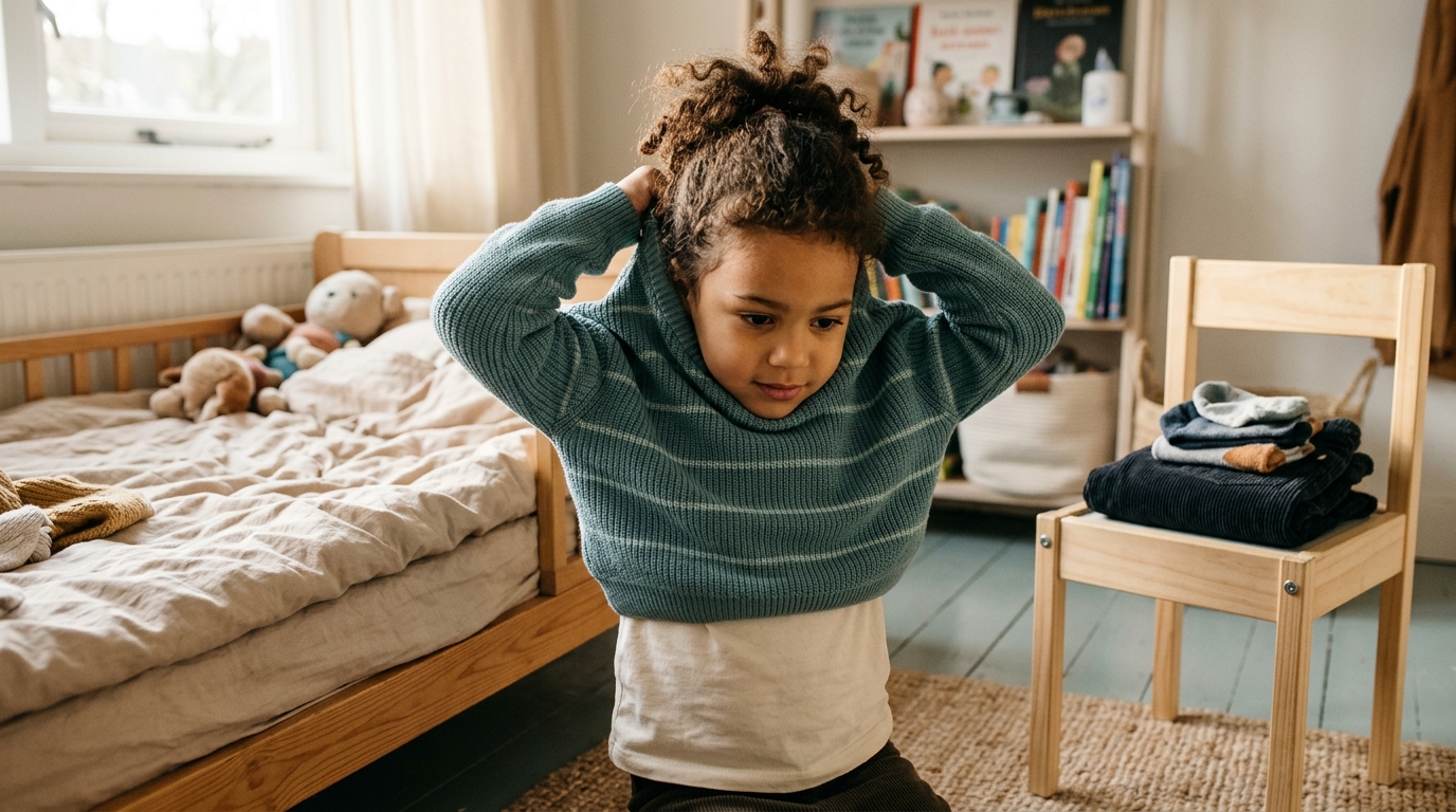 Kind van vijf trekt zelfstandig een trui aan in een rustige slaapkamer — focus op eigen regie