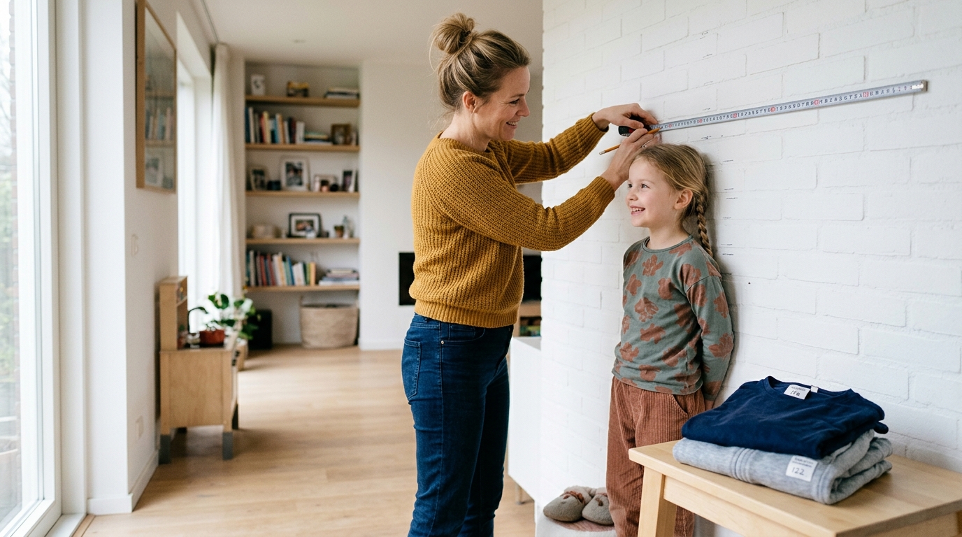 Moeder meet lengte zesjarige dochter tegen witte muur met meetlint, stapel kinderkleding ernaast.
