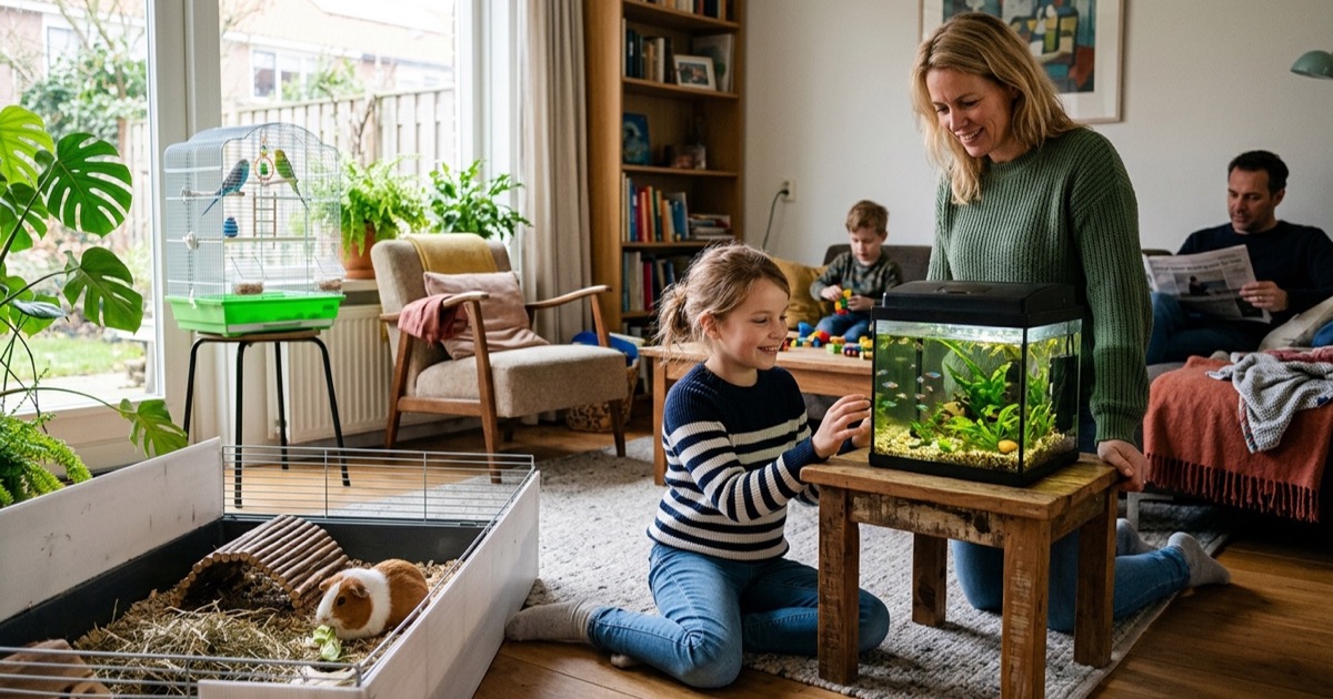 Een Nederlands gezin met meerdere kleine huisdieren: aquarium, cavia's en parkieten in de woonkamer