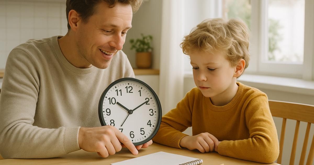 Kind aan keukentafel oefent klokkijken met een papieren oefenklok en een werkblad