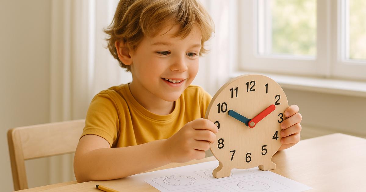 Kind in groep 3 leert klokkijken met een zelfgemaakte kartonnen oefenklok aan de keukentafel