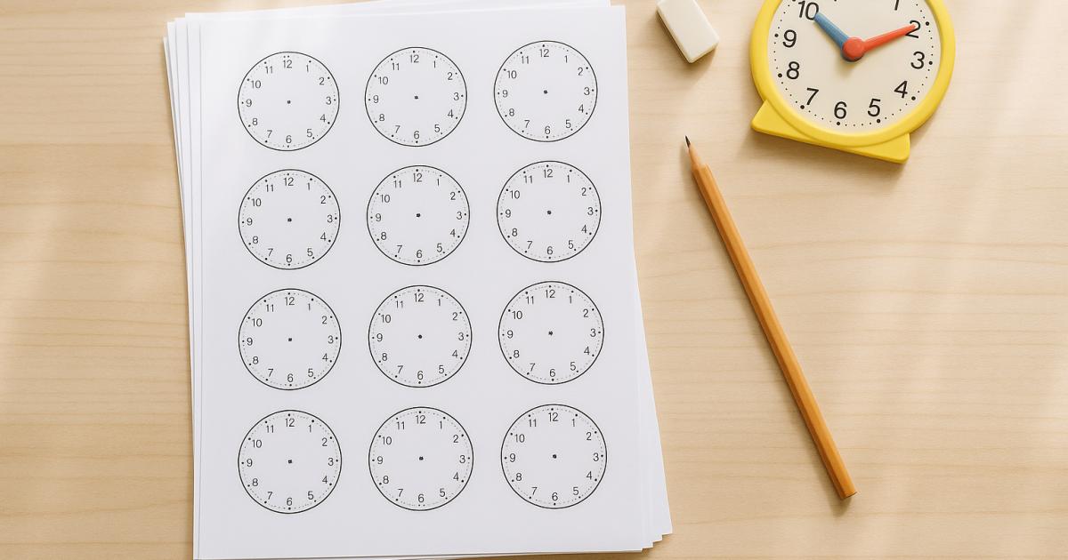 Kind werkt aan keukentafel met klokkijken-werkblad en kartonnen oefenklok met splitpen