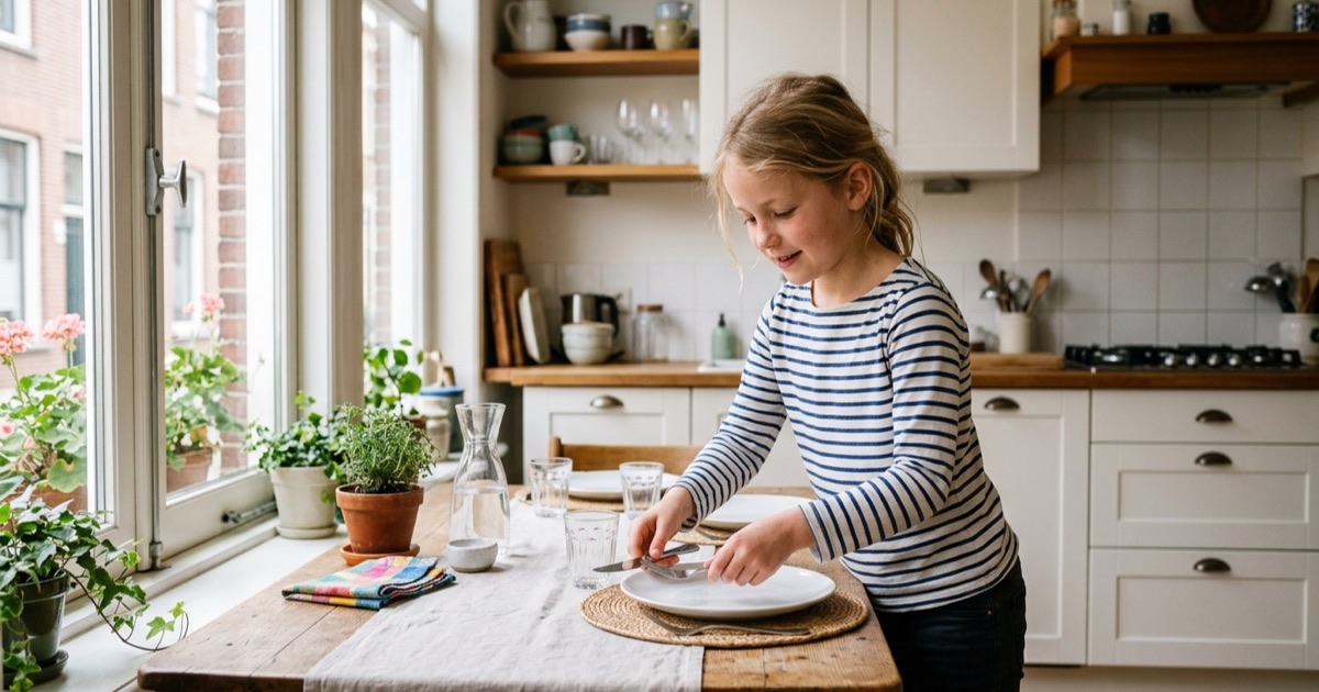 Een kind van rond de tien dekt aandachtig de tafel in een lichte Nederlandse keuken bij daglicht
