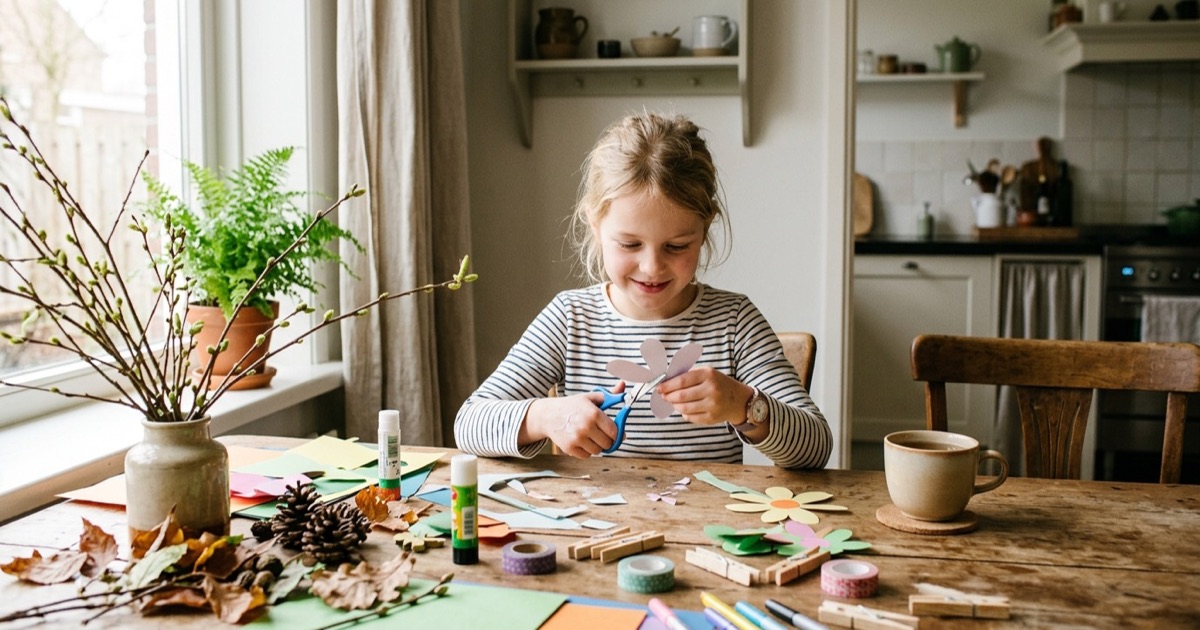 Kind aan keukentafel knutselt papier-bloem met seizoens-materialen
