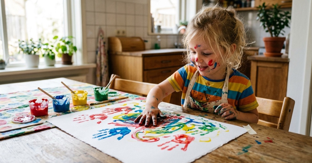 Kleuter met vingerverf op groot vel papier in keuken