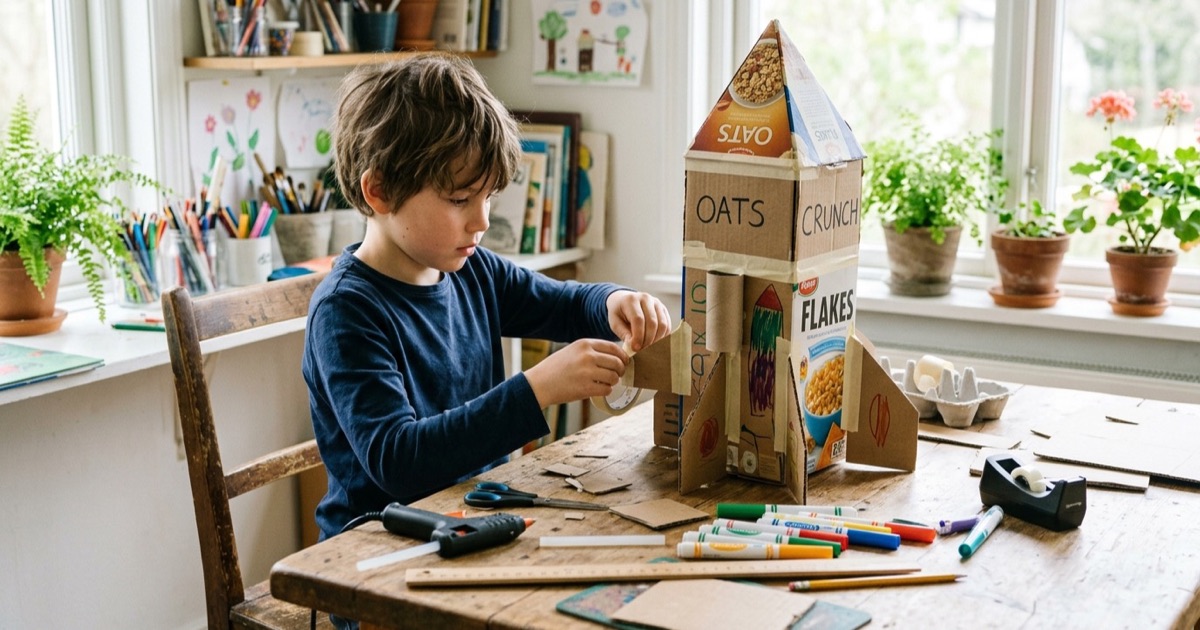 Kind groep 5 bouwt kartonnen raket aan tafel
