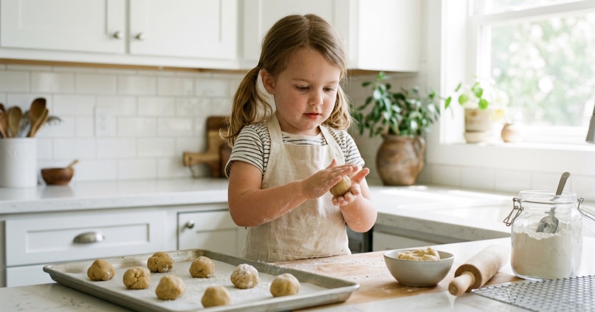 Kleuter rolt cookie-deegbolletjes met meelhanden in witte keuken