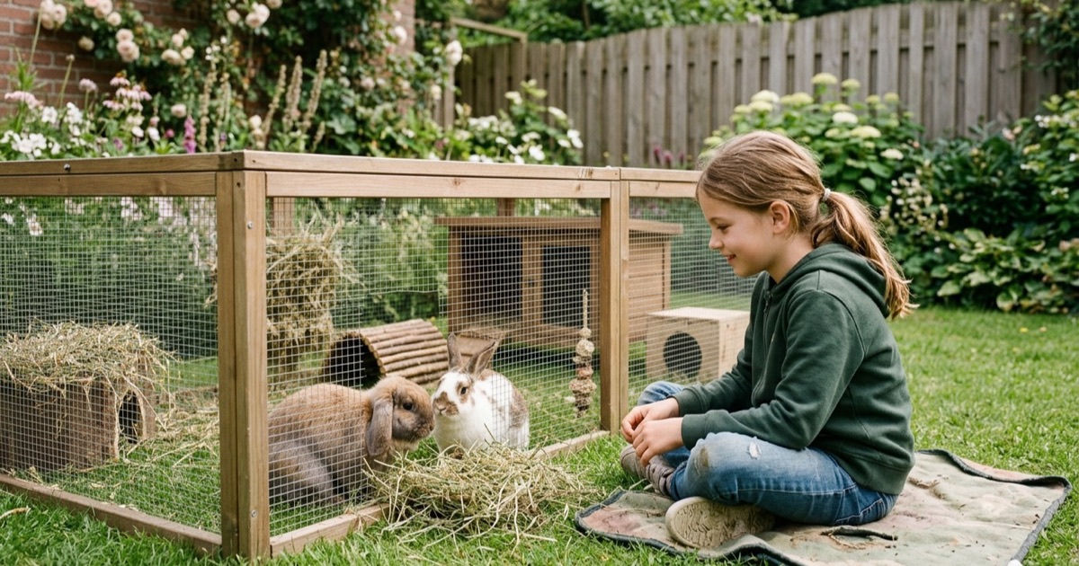 Twee konijnen in een ruime buitenren in een Nederlandse tuin terwijl een kind kalm toekijkt