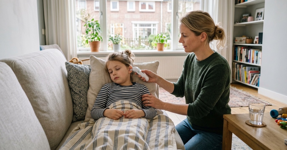 Ouder meet temperatuur met digitale oorthermometer bij rustend kind onder dekentje.
