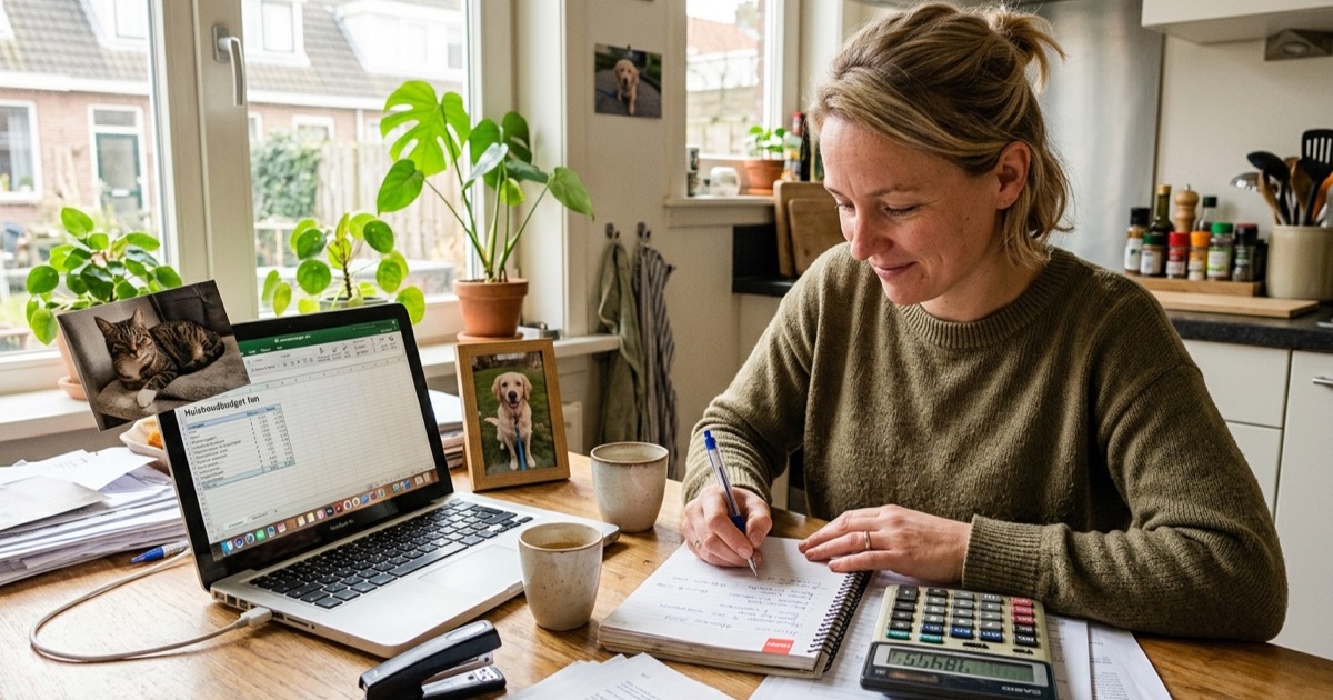 Een Nederlandse ouder werkt aan de keukentafel met laptop en kladblok aan een huishoudbudget