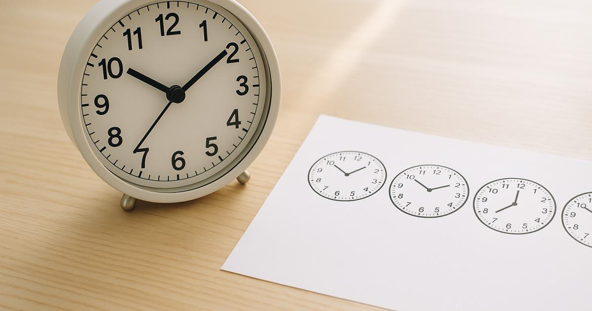 Analoge klok met wijzers op kwart over drie naast een kartonnen oefenklok en potlood