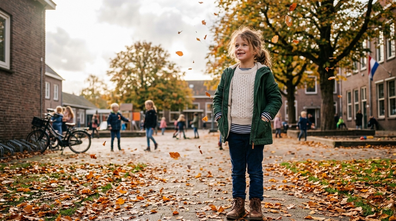 Kleuter in drie laagjes op een schoolplein met herfstbladeren: shirt, witte trui en open groene jas.