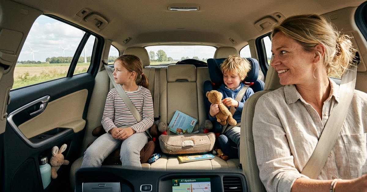 Twee kinderen in autostoeltjes op de achterbank, moeder kijkt om vanaf de voorstoel.