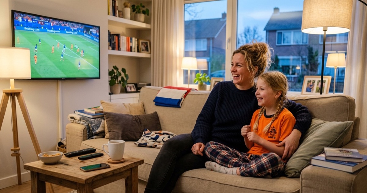 Een Nederlandse moeder en haar dochter kijken samen een avondwedstrijd in een goed verlichte woonkamer