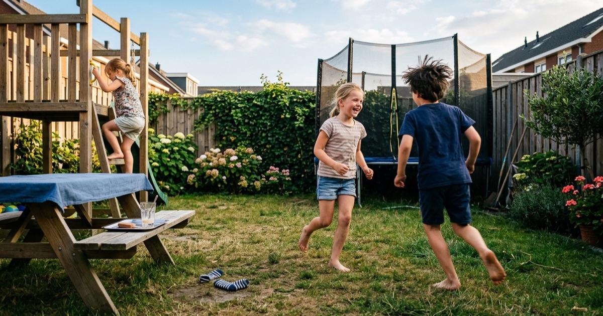 Kinderen spelen buiten in het tuingras tijdens een lange zomeravond met laagstaande zon.