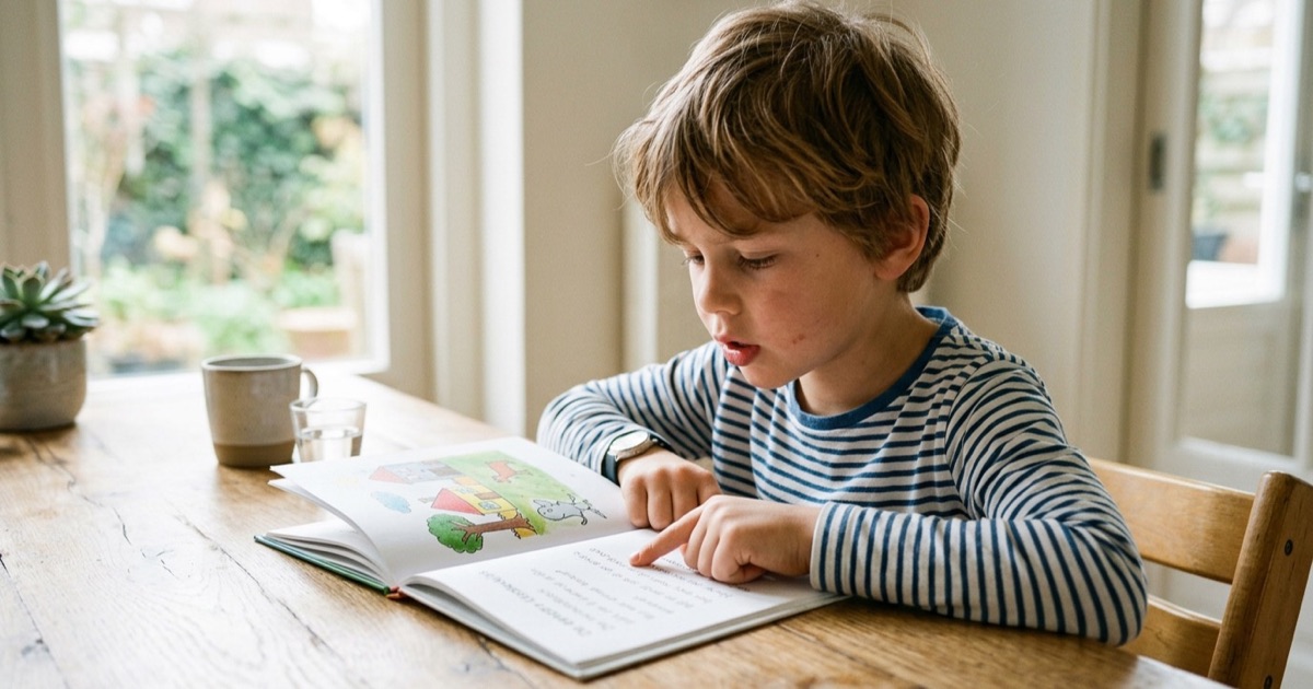 Kind in groep 3 leest hardop uit beginners-leesboek aan keukentafel