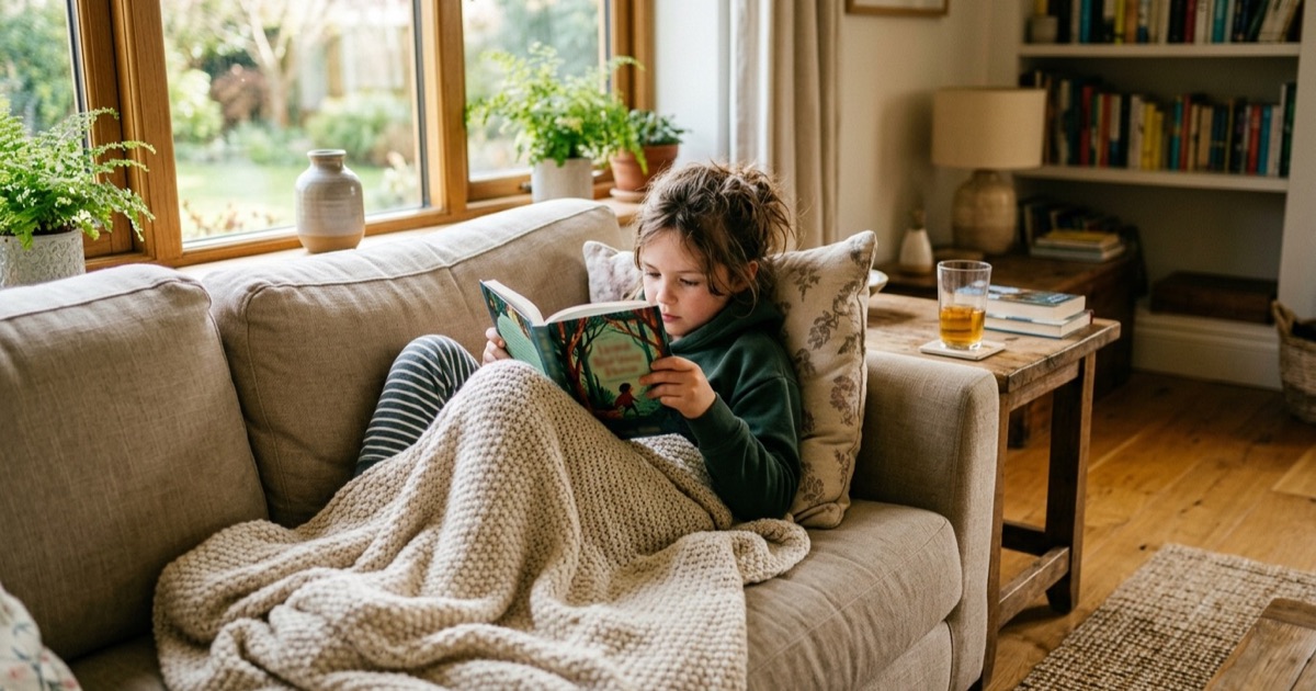 Kind van negen jaar opgekruld op bank leest geconcentreerd kapittelboek