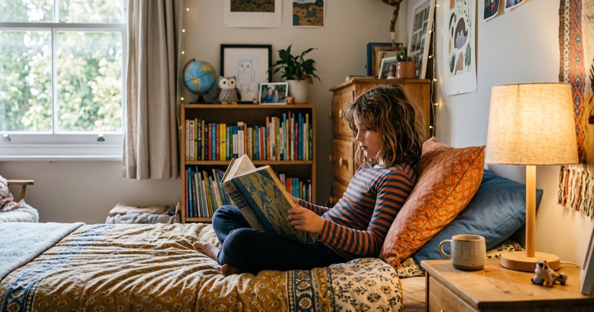 Kind van elf jaar leest dik boek tegen kussens op het bed met leeslamp