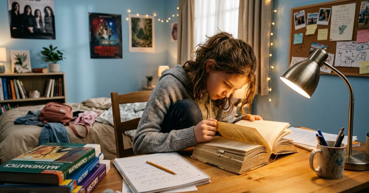 Kind van twaalf leest dikke roman aan bureau in eigen kamer met bureaulamp