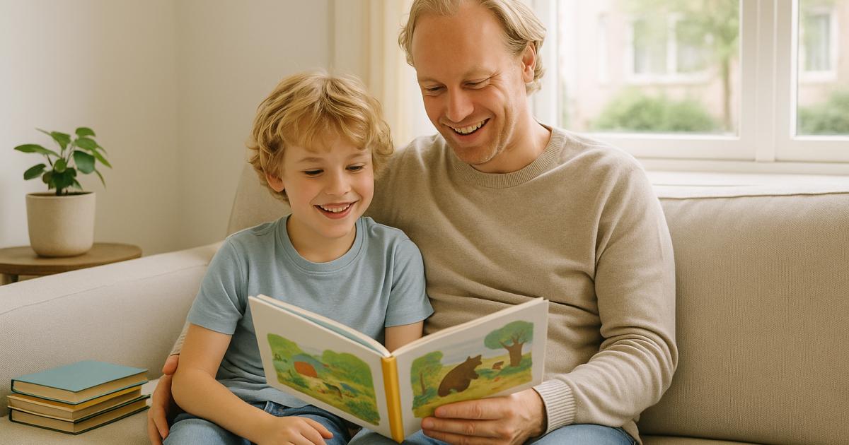Kind leest ontspannen een prentenboek op de bank met een kussen en een dekentje