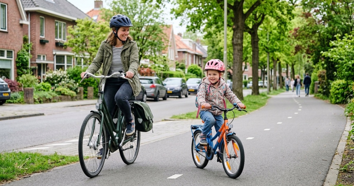 Ouder fietst naast kind van zes jaar op Nederlandse straat met bomen, beide met helm op.