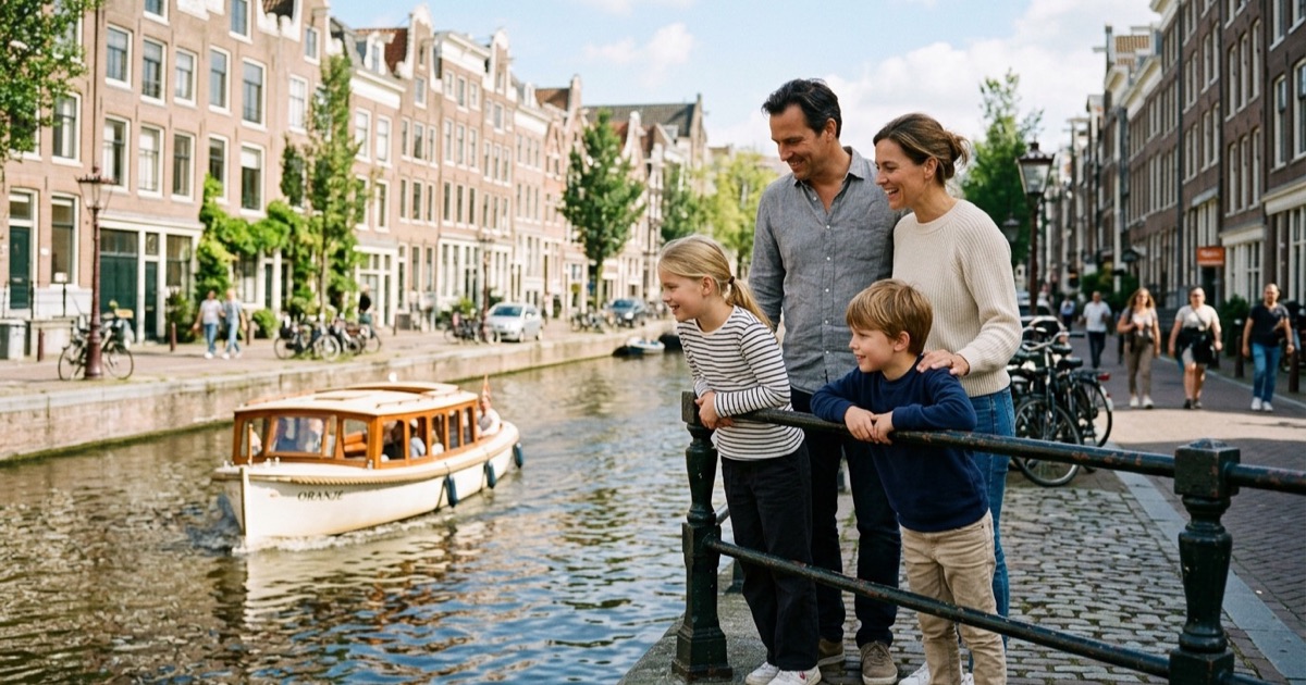 Een Nederlands gezin staat aan een Amsterdamse gracht en kijkt naar een rondvaartboot bij zonnig weer