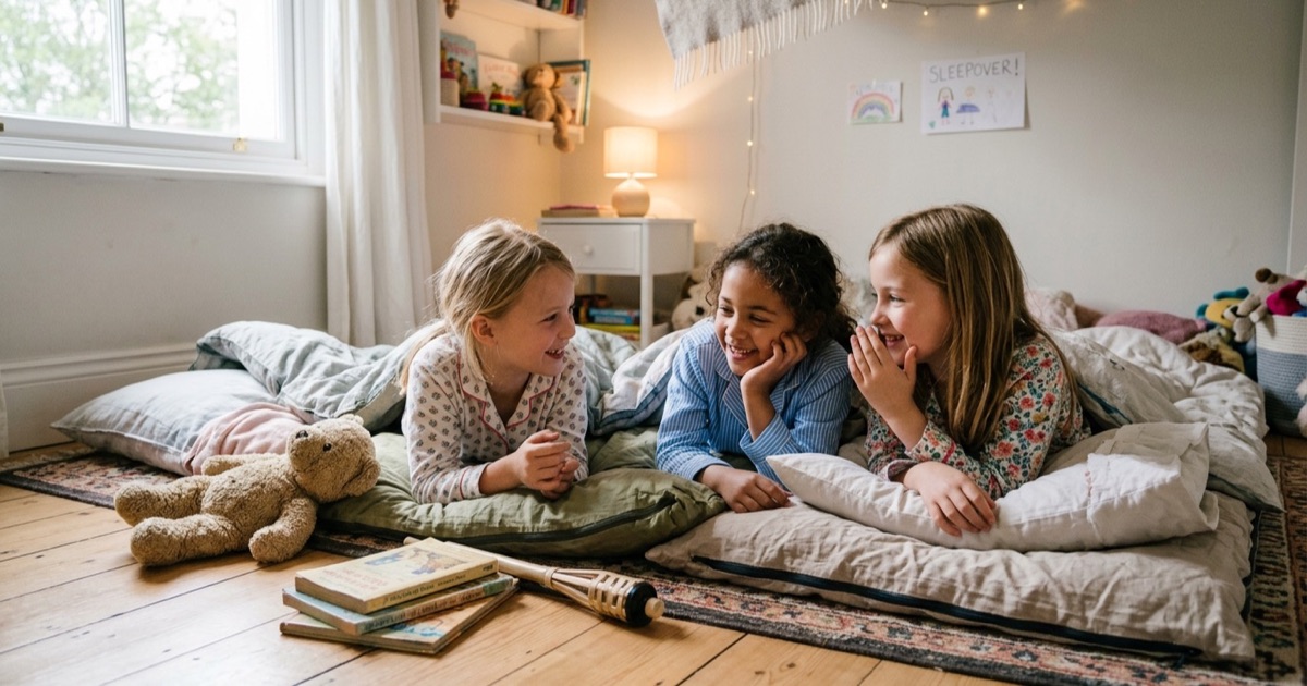 Drie kinderen liggen in slaapzakken op de grond van een lichte slaapkamer met knuffels en boekjes.