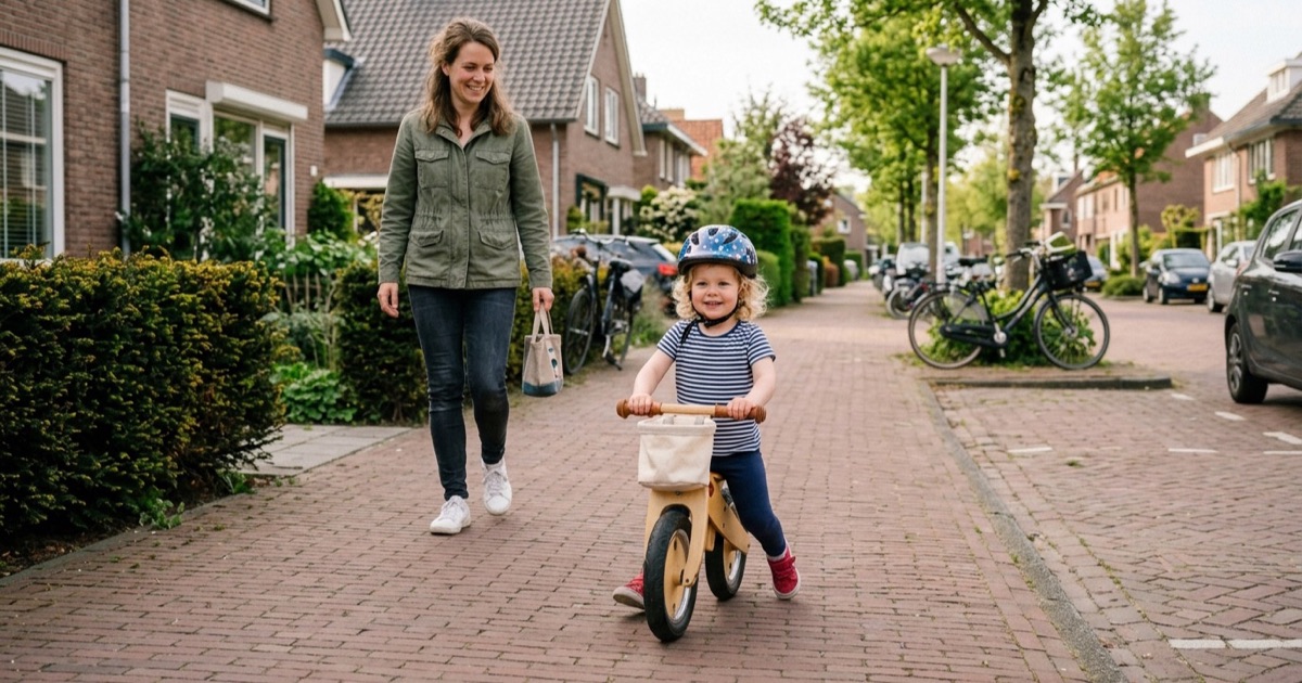 Peuter met blauwe helm op een houten loopfiets op een Nederlandse stoep, ouder loopt rustig mee.