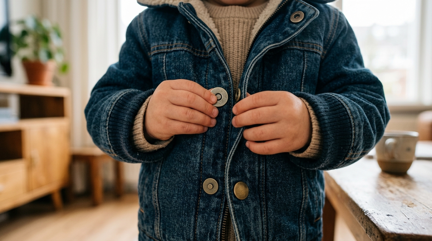 Kinderhanden sluiten magneetknopen op spijkerjas — sluitingen die geen knijpkracht vragen