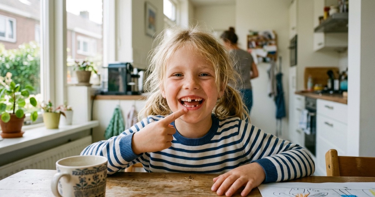Vrolijk kind in groep drie laat trots een open mondje zien waar net een nieuwe wisseltand komt.
