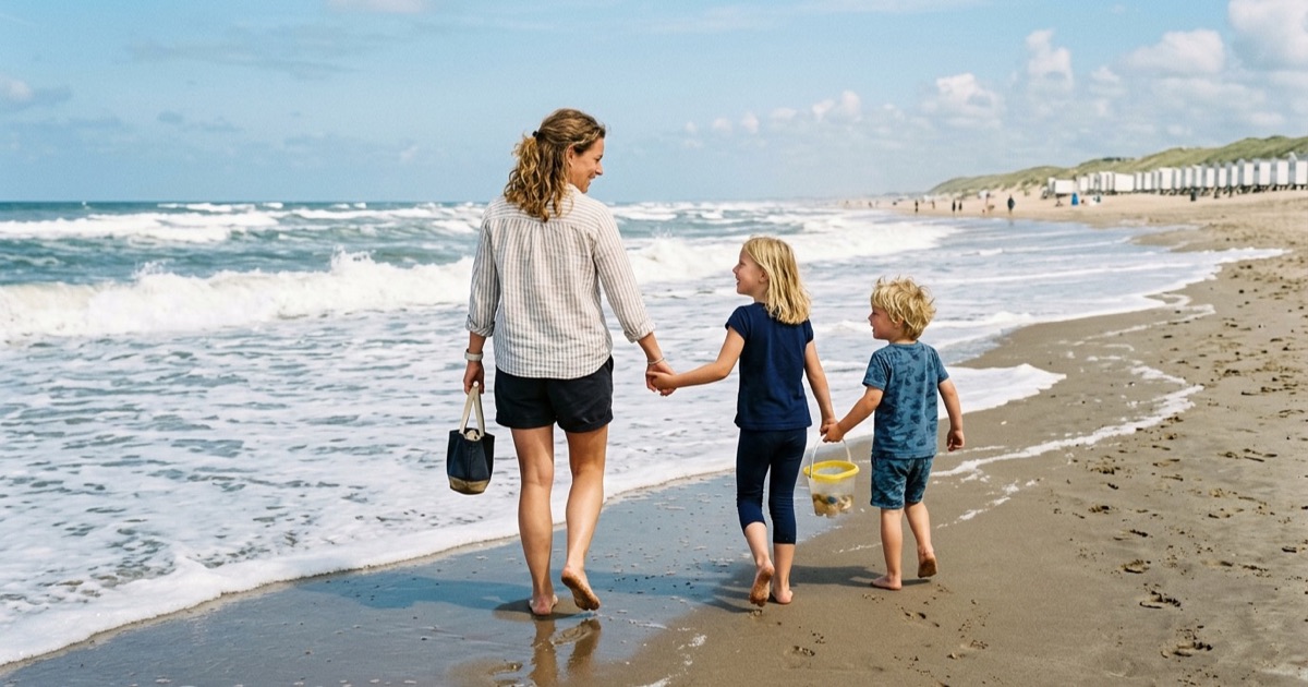 Een Nederlands gezin loopt samen langs de vloedlijn van een Noordzee-strand met een gele emmer en strandtas