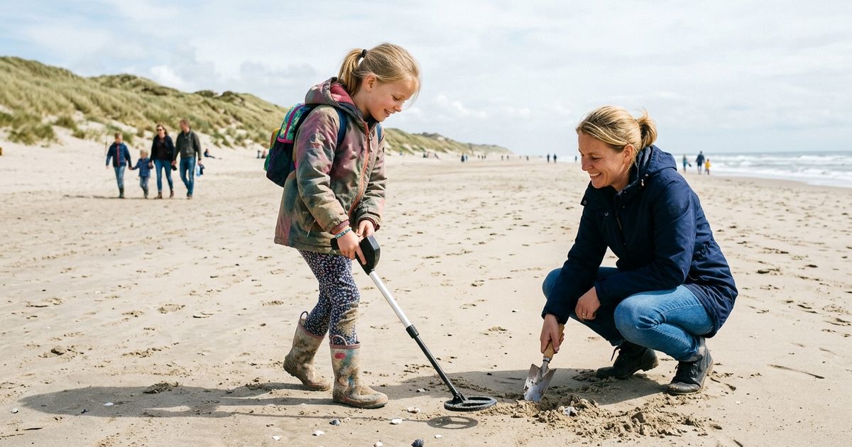 Jongen zoekt met een metaaldetector op het strand terwijl zijn moeder met een schepje naast hem knielt