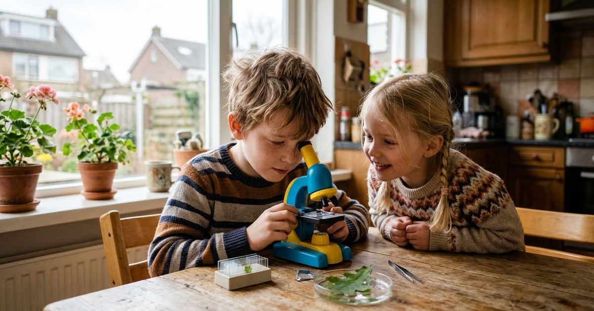 Meisje van een jaar of negen kijkt door een kindermicroscoop aan de keukentafel, met vader die meekijkt