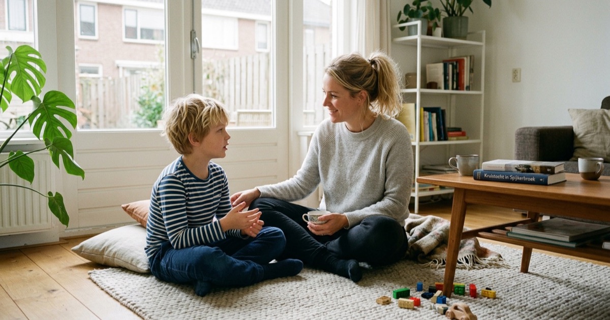 Een Nederlandse moeder en haar zoon van negen zitten samen op de woonkamervloer in een rustig gesprek.
