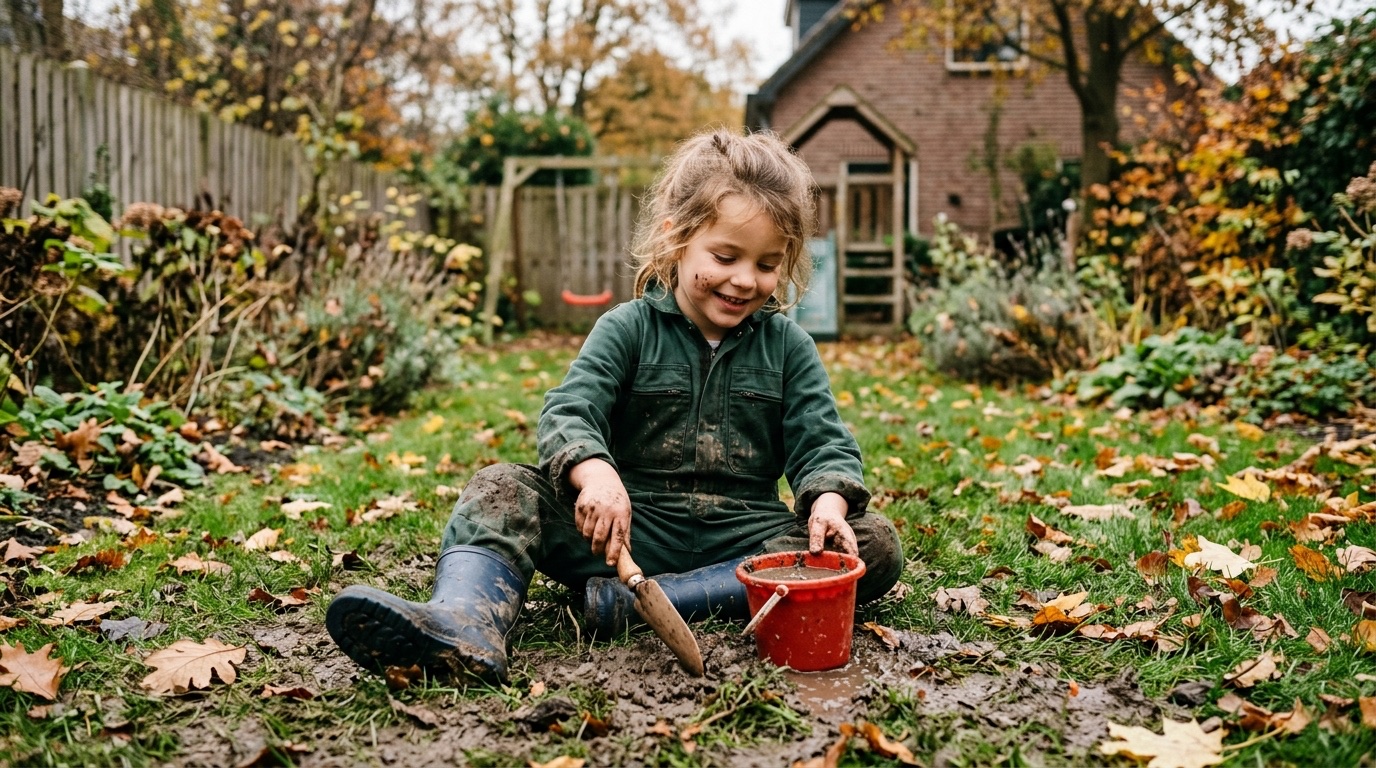 Lachend kind in donkergroene overall met modderspatten zit op een gazon en speelt met een rode emmer.