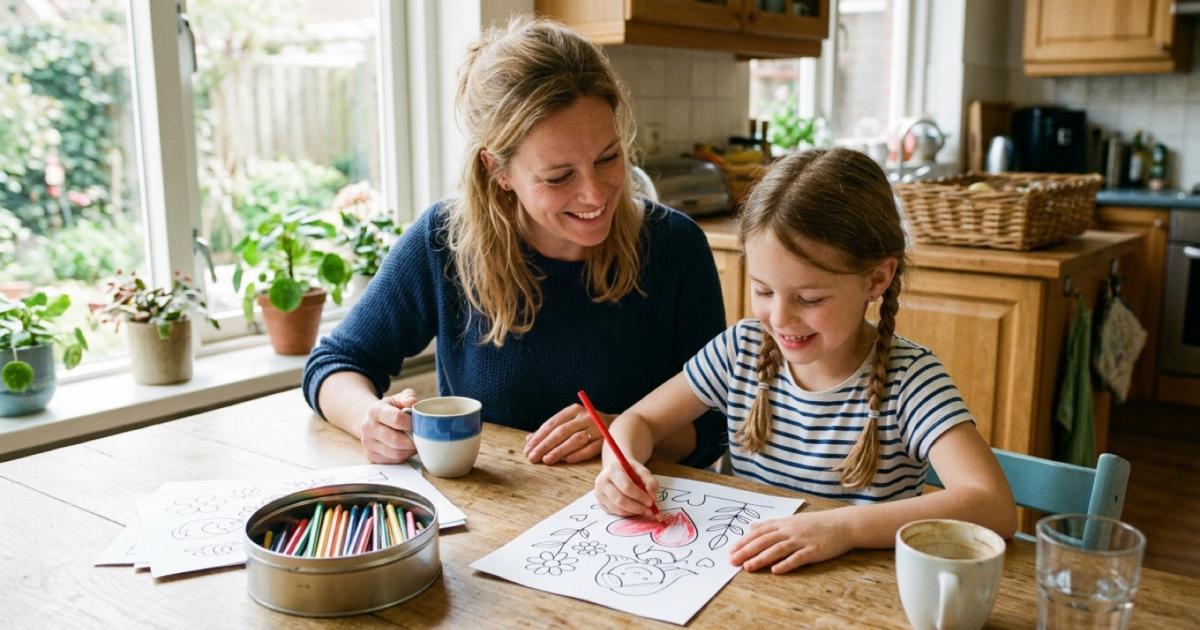 Moeder en dochter kleuren samen een moederdag kleurplaat aan een zonnige keukentafel met een blik kleurpotloden.