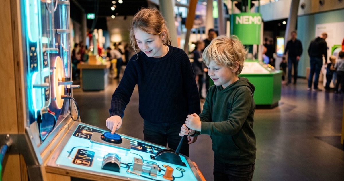 Twee kinderen kijken nieuwsgierig naar een interactieve installatie in een Nederlands kindermuseum bij zacht licht