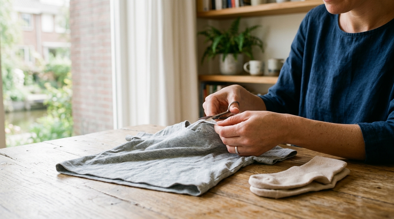 Ouder knipt voorzichtig een labeltje uit een zacht katoenen shirt voor kind met sensorische gevoeligheid