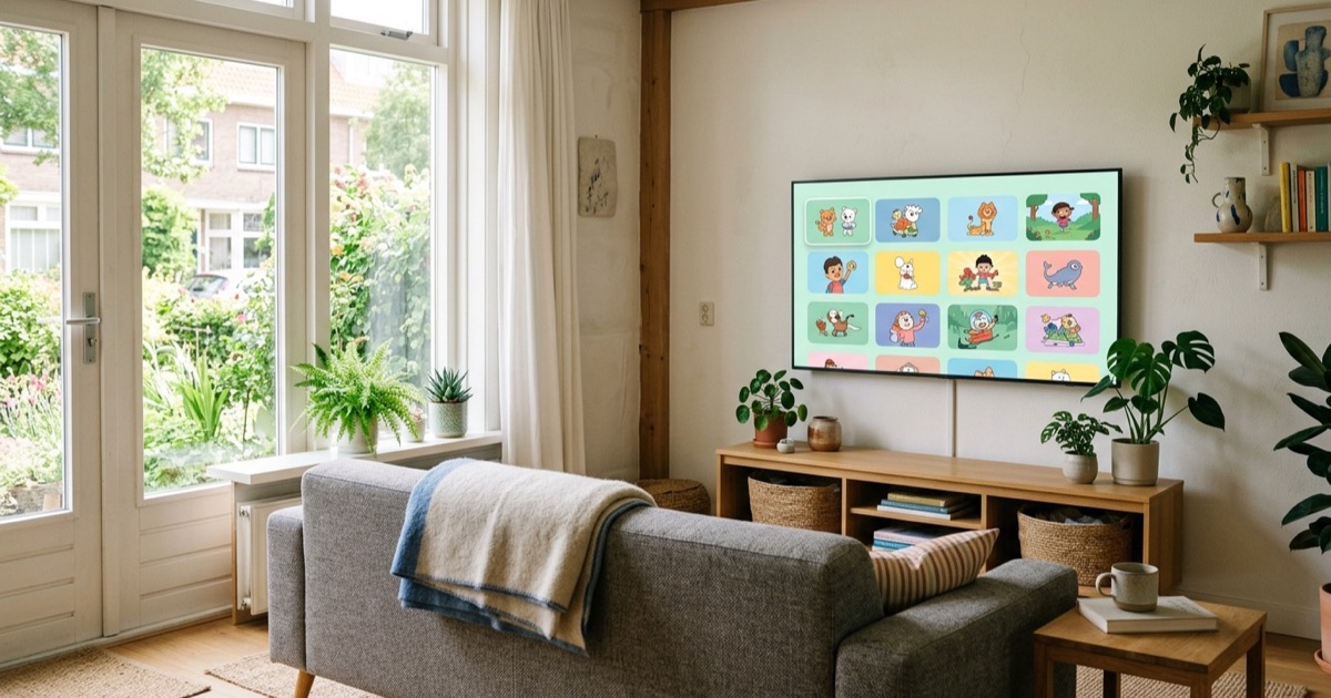 Televisie met kinderprofiel-interface in een rustige Nederlandse woonkamer met daglicht.