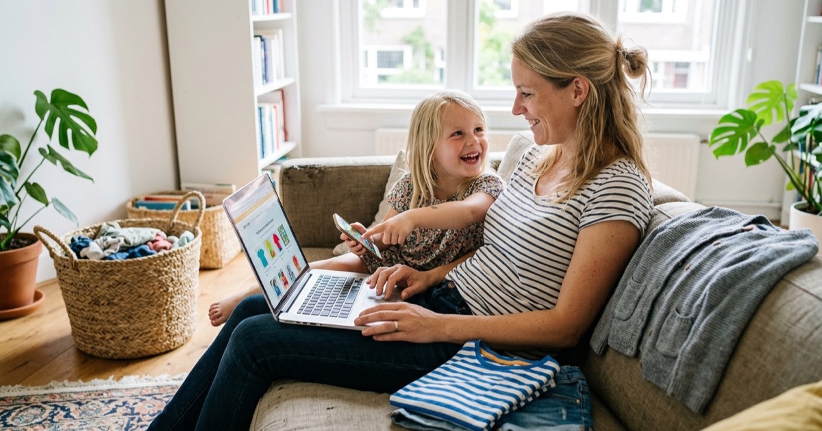 Een ouder en kind kijken samen naar een laptop op de bank met opgevouwen kinderkleding ernaast.
