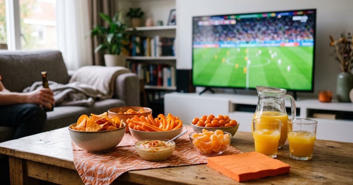Salontafel met oranje hapjes voor een WK-avond, met de tv op de achtergrond