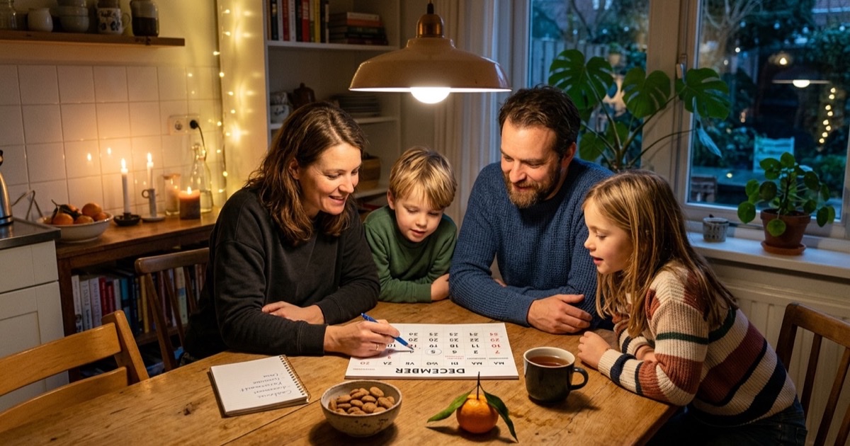 Een gezin kijkt samen naar de december-kalender om pakjesavond te plannen