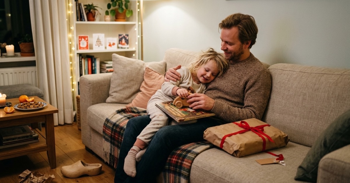 Een ouder en een kleuter zitten samen op de bank met een uitgepakt cadeau