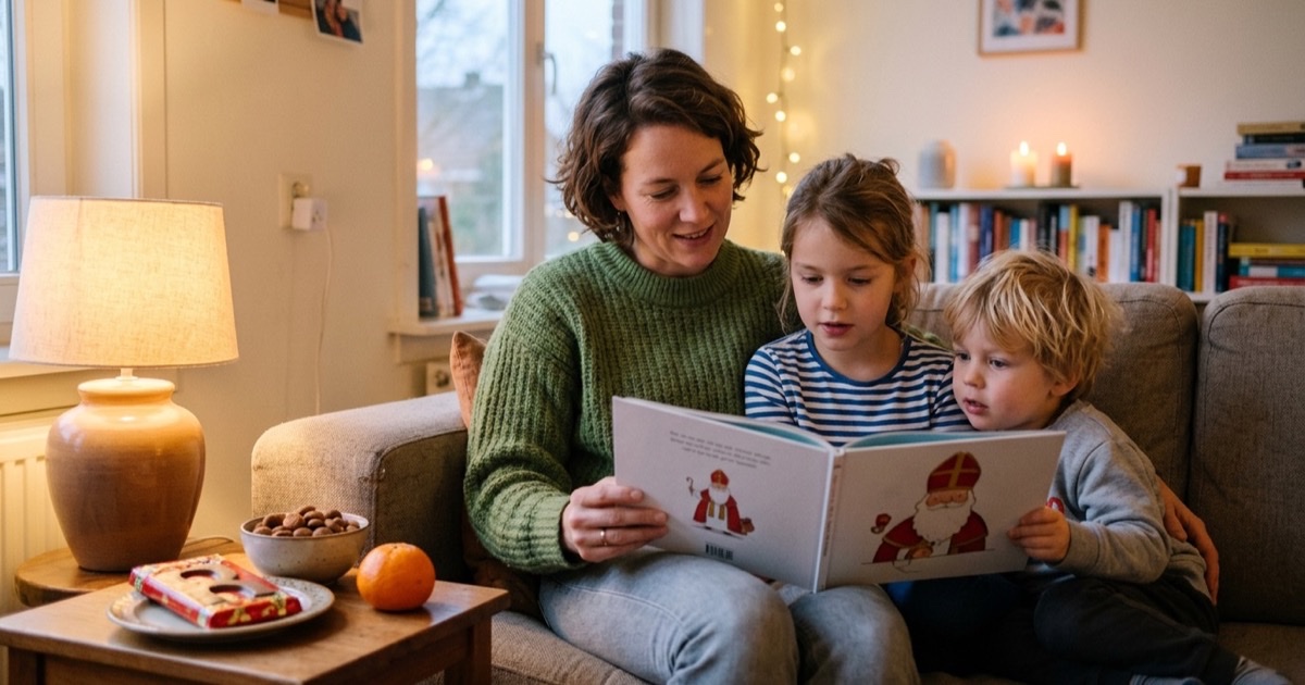 Een ouder leest twee kinderen voor uit een Sinterklaas-prentenboek op de bank