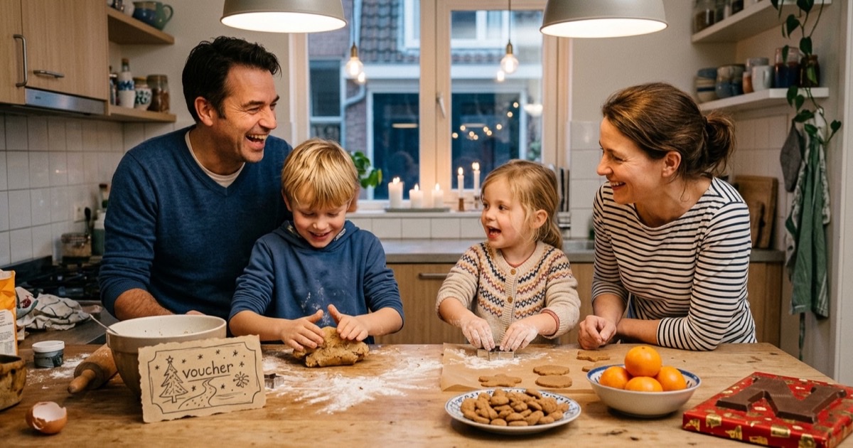 Een gezin maakt samen koekjes in een keuken in de avond zonder cadeaus