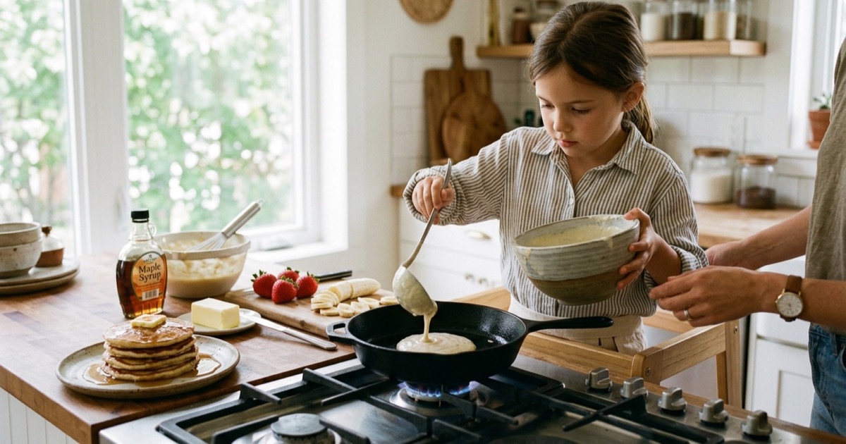 Kind giet pannenkoekbeslag in koekenpan met fruit en stroop